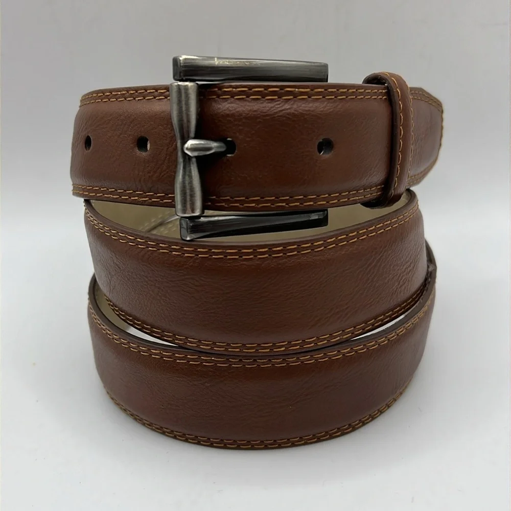 Mens Brown Faux Leather Belt Silver Buckle